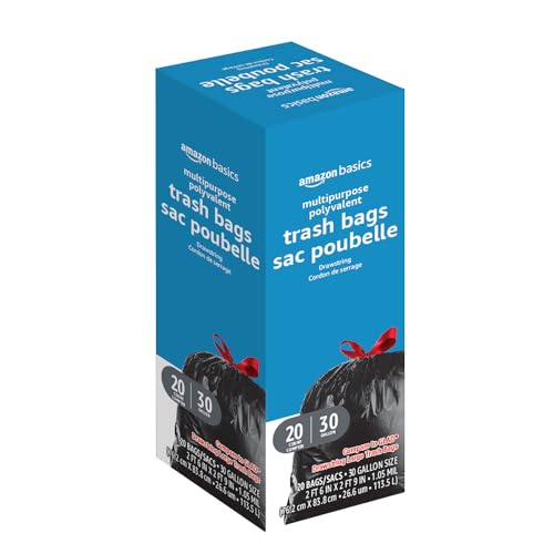 Amazon Basics Multipurpose Drawstring Trash Bags, 30 Gallon, 20 Count, Pack of 1