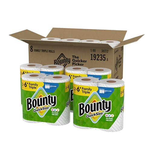 Bounty Quick-Size Paper Towels, White, 8 Family Triple Rolls = 27 Regular Rolls