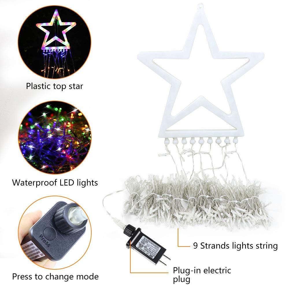PUHONG Christmas Decoration Outdoor Star String Lights, 16.4Ft Christmas Tree Toppers Lights 320 LED 8 Modes with 12" Lighted Star for Halloween Christmas New Year Holiday Birthday (Multicolored)