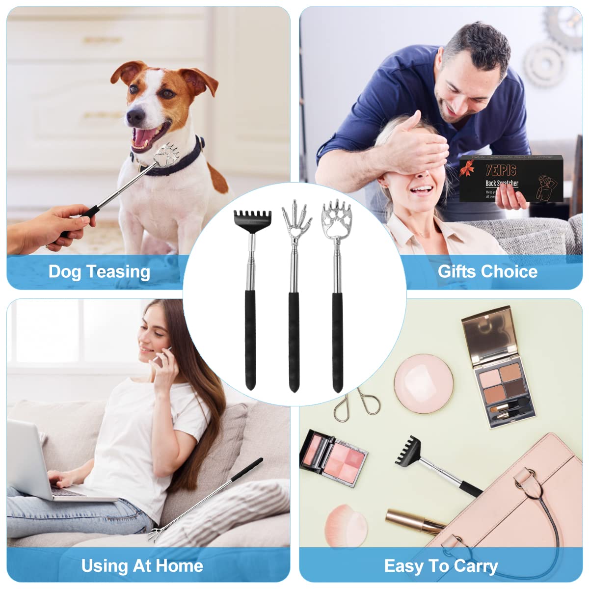 Yeipis 3 Pack Back Scratcher Metal Portable Telescoping with Rubber Handles, Extendable Back Massager Tool with Beautiful Box, White Elephant Stocking Stuffers Gifts for Men Women Christmas Presents