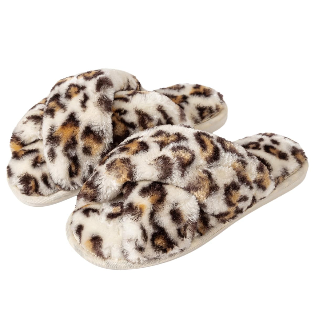 Enteer Women's Slipper Memory Foam Cross Band Fuzzy Slippers Open Toe Cozy House Slippers Cozy Plush Bedroom Indoor Outdoor Leopard US 7-8