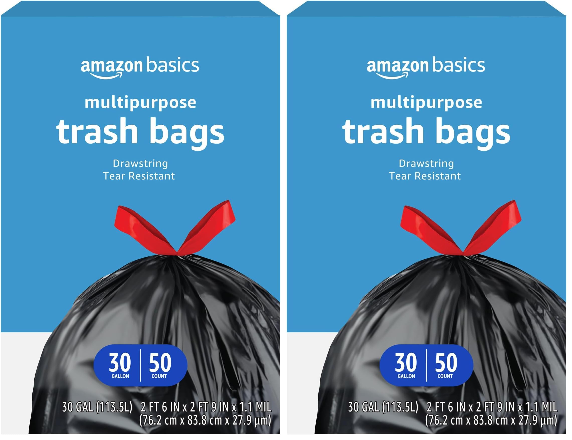 Amazon Basics Trash Bags, 30 Gallon, 50 Count | Drawstring | Multipurpose | Pack of 2