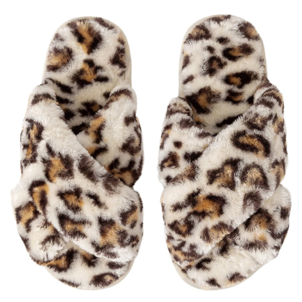 Enteer Women's Slipper Memory Foam Cross Band Fuzzy Slippers Open Toe Cozy House Slippers Cozy Plush Bedroom Indoor Outdoor Leopard US 7-8