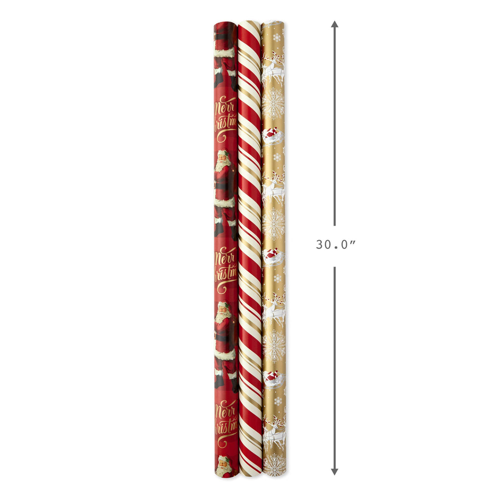 Hallmark Christmas Wrapping Paper Rolls - Traditional Holiday Gift Wrap Paper (Set of 3 Reversible Rolls: 120 sq. ft. ttl.) Red and Gold Snowflakes, Stripes, Plaid, Santa's Sleigh