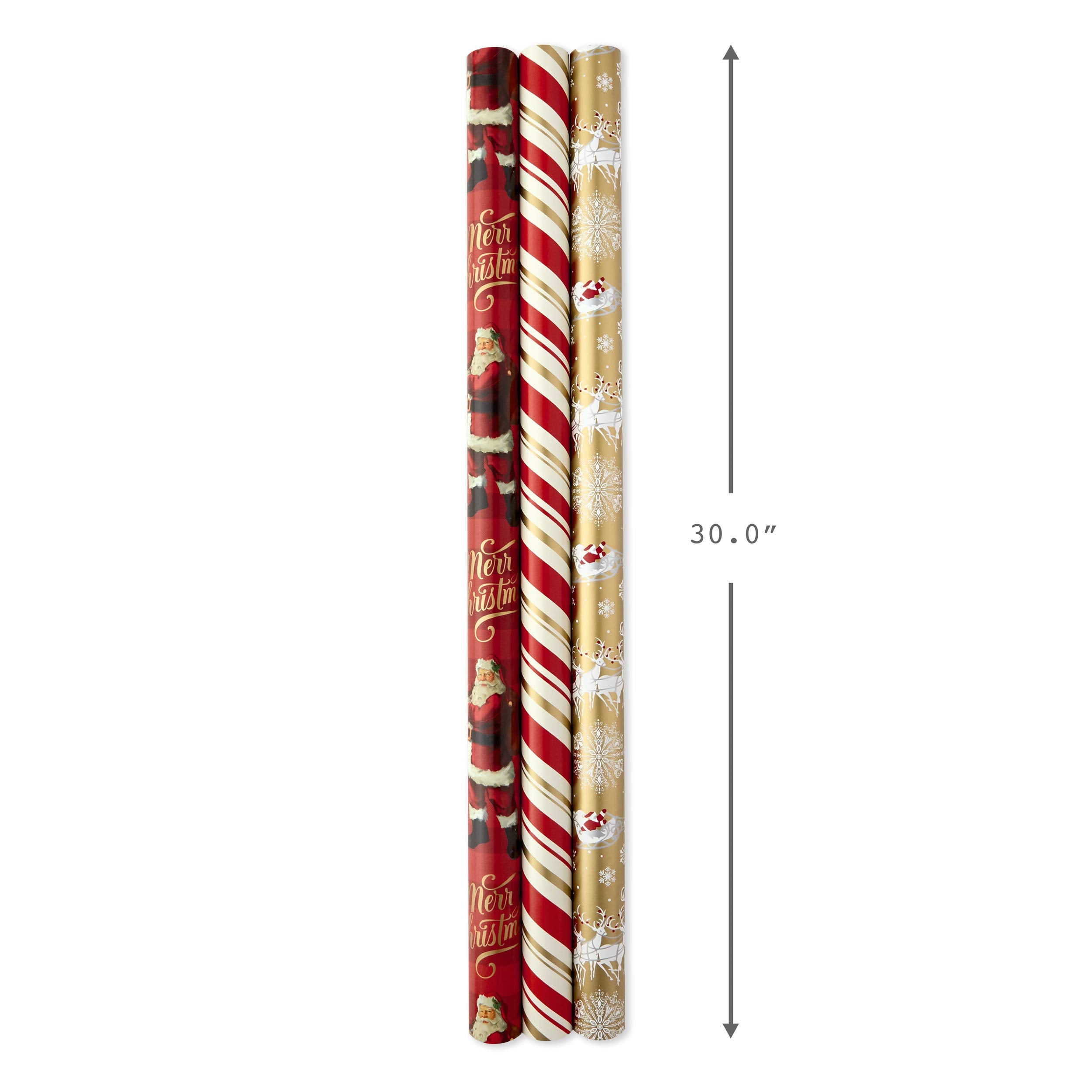Hallmark Christmas Wrapping Paper Rolls - Traditional Holiday Gift Wrap Paper (Set of 3 Reversible Rolls: 120 sq. ft. ttl.) Red and Gold Snowflakes, Stripes, Plaid, Santa's Sleigh