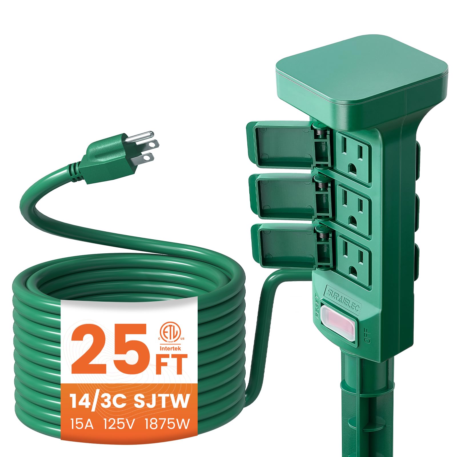 SURAIELEC Outdoor Power Stake Waterproof, 6 Grounded Outlets Power Strip Weatherproof, 25FT Extension Cord Outlet for Yard, Garden, Christmas Light, Patio Lights, 1875W/15A, Green