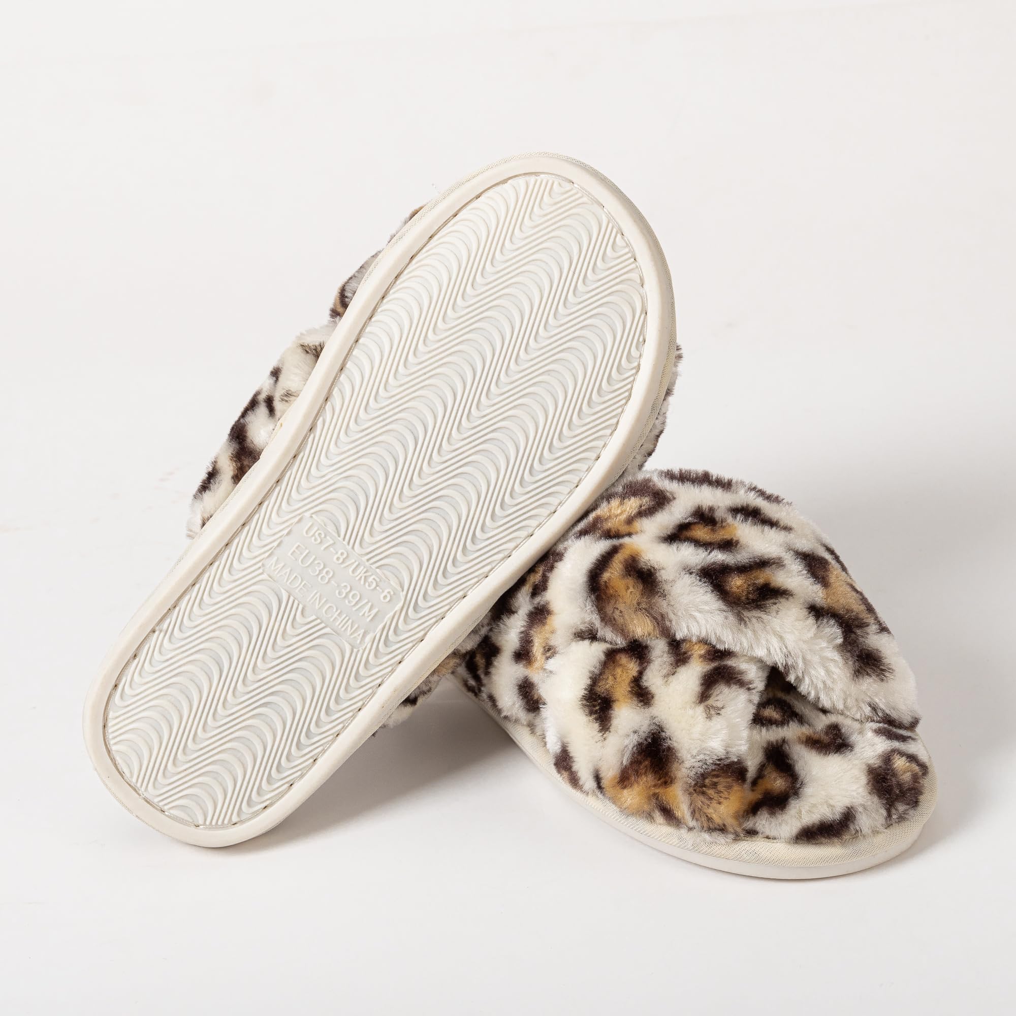 Enteer Women's Slipper Memory Foam Cross Band Fuzzy Slippers Open Toe Cozy House Slippers Cozy Plush Bedroom Indoor Outdoor Leopard US 7-8