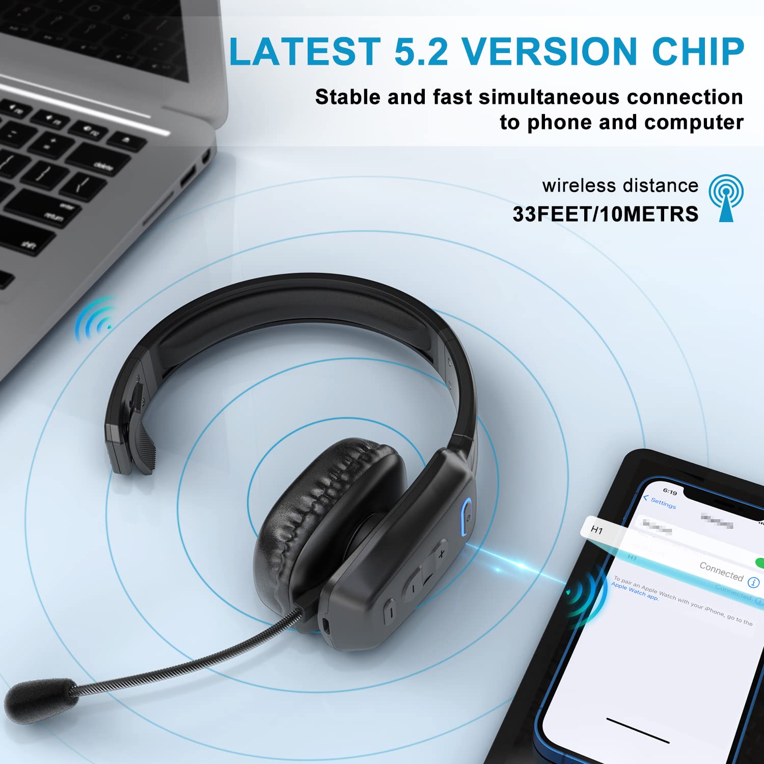 LEAYU Bluetooth Headset, 60hrs Noise Canceling V5.2 Over Head Headphones, Single Ear Trucker Wireless Headset with Mic, Mute Button, Multipoint, for Phones PC Computer Truck Driver Office Work - Black