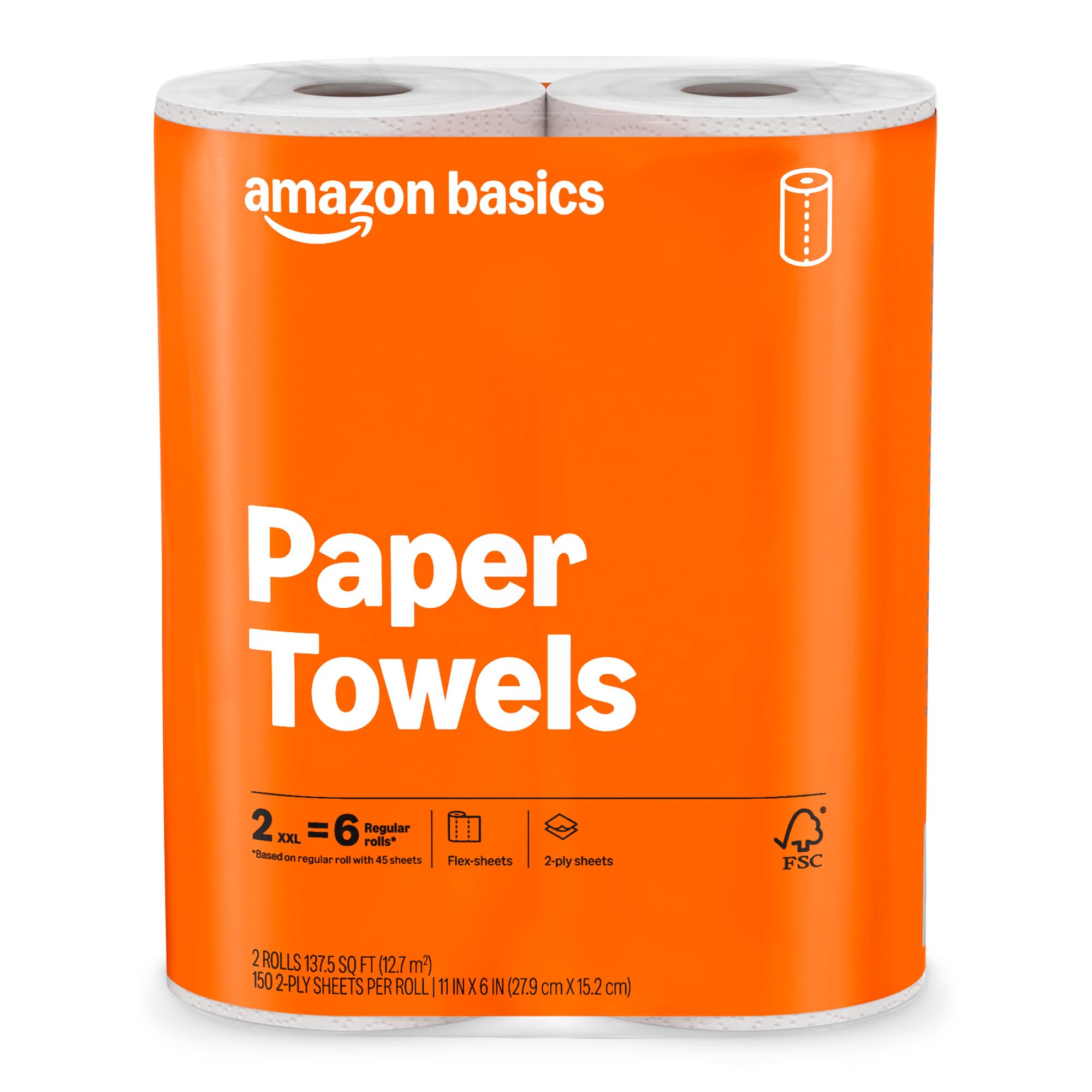 Amazon Basics 2-Ply Flex-Sheets Paper Towels, 2 Basics Rolls = 6 Regular Rolls, Everyday Value with 150 Sheets per Roll, Packaging May Vary