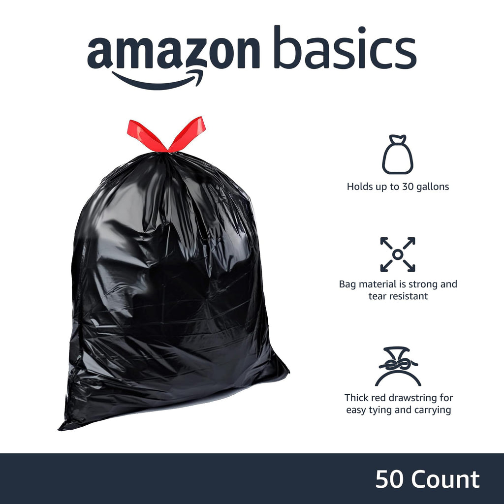 Amazon Basics Trash Bags, 30 Gallon, 50 Count | Drawstring | Multipurpose | Pack of 2