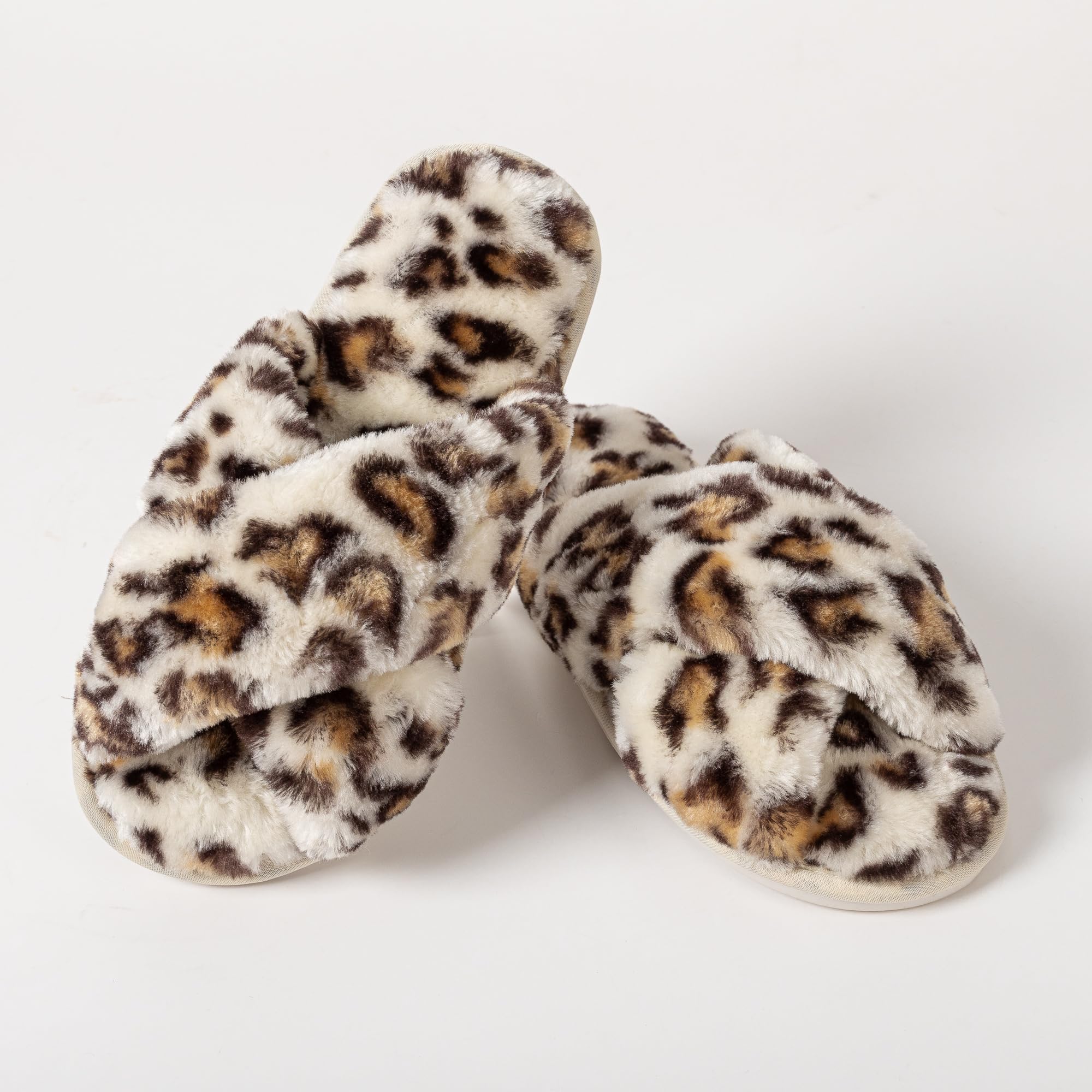 Enteer Women's Slipper Memory Foam Cross Band Fuzzy Slippers Open Toe Cozy House Slippers Cozy Plush Bedroom Indoor Outdoor Leopard US 7-8