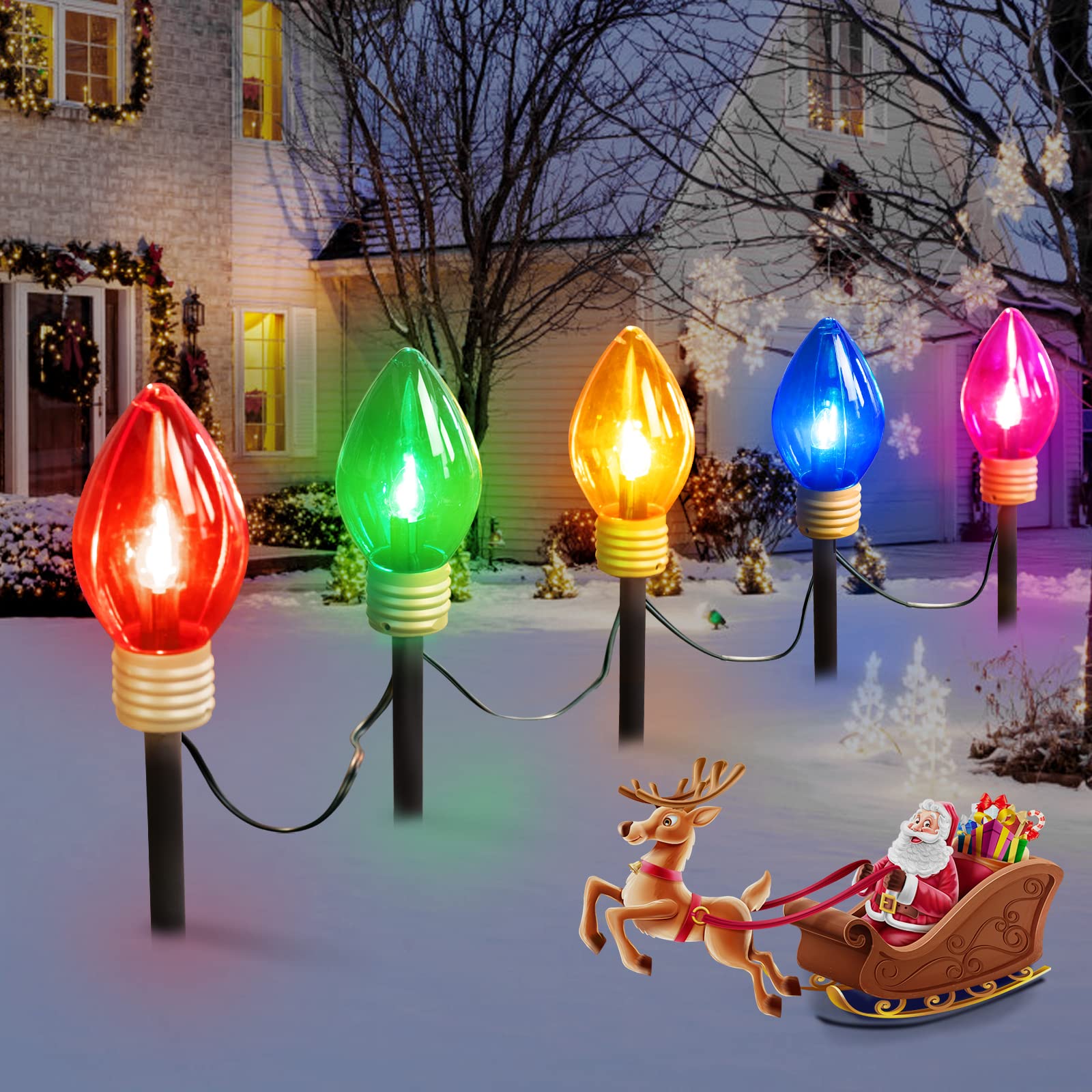 Jumbo C9 Christmas Pathway Lights Outdoor - 8.5 Feet 5 LED C9 Walkway Light, C7 Light Covered Jumbo Multicolor Bulb Christmas Lights Outdoor Decorations for Lawn Holiday Outside Yard Garden