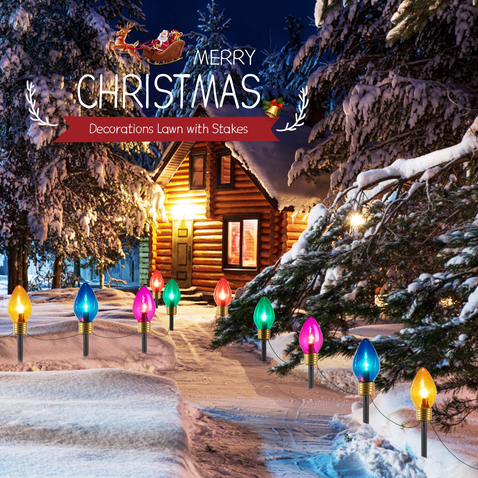 Jumbo C9 Christmas Pathway Lights Outdoor - 8.5 Feet 5 LED C9 Walkway Light, C7 Light Covered Jumbo Multicolor Bulb Christmas Lights Outdoor Decorations for Lawn Holiday Outside Yard Garden