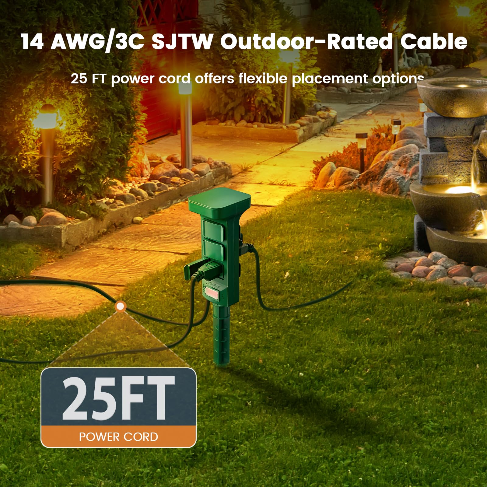 SURAIELEC Outdoor Power Stake Waterproof, 6 Grounded Outlets Power Strip Weatherproof, 25FT Extension Cord Outlet for Yard, Garden, Christmas Light, Patio Lights, 1875W/15A, Green
