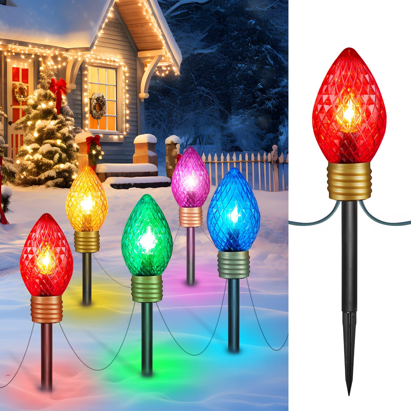 2 Pack Jumbo C9 Christmas Pathway Lights Outdoor - 10.5 Feet 5 Lights Strawberry C9 Walkway Lights, C7 Light Covered Jumbo Multicolor Light Bulb Outdoor Decorations for Lawn Garden Outside