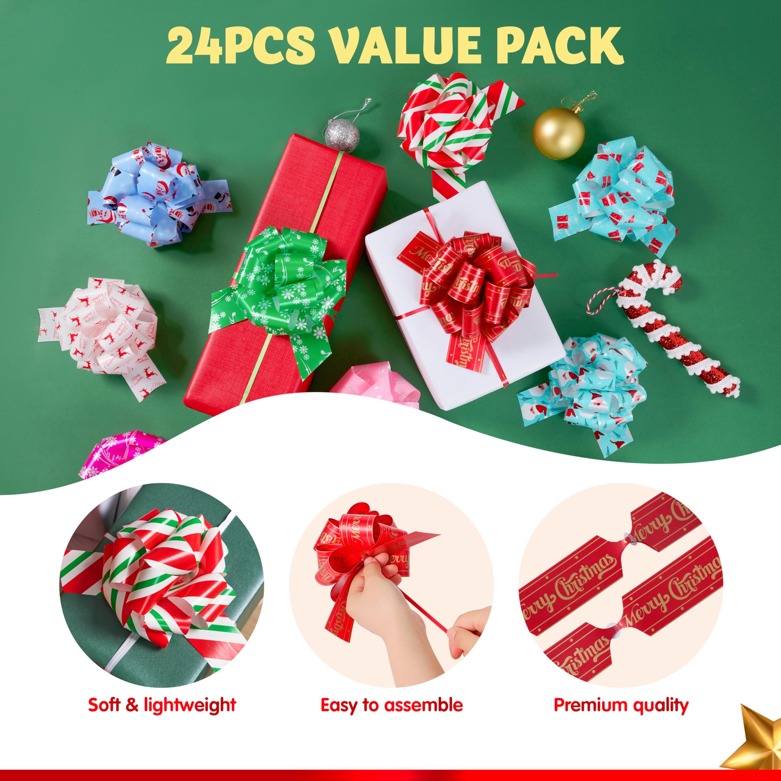 JOYIN 24 PCS Christmas Ribbon Pull Bow, 5" Gift Wrapping Pull Bow, Xmas Gift Accessory for Christmas Present Wrapping, Party Decorations, Boxing Day Decorations, Holiday Decor