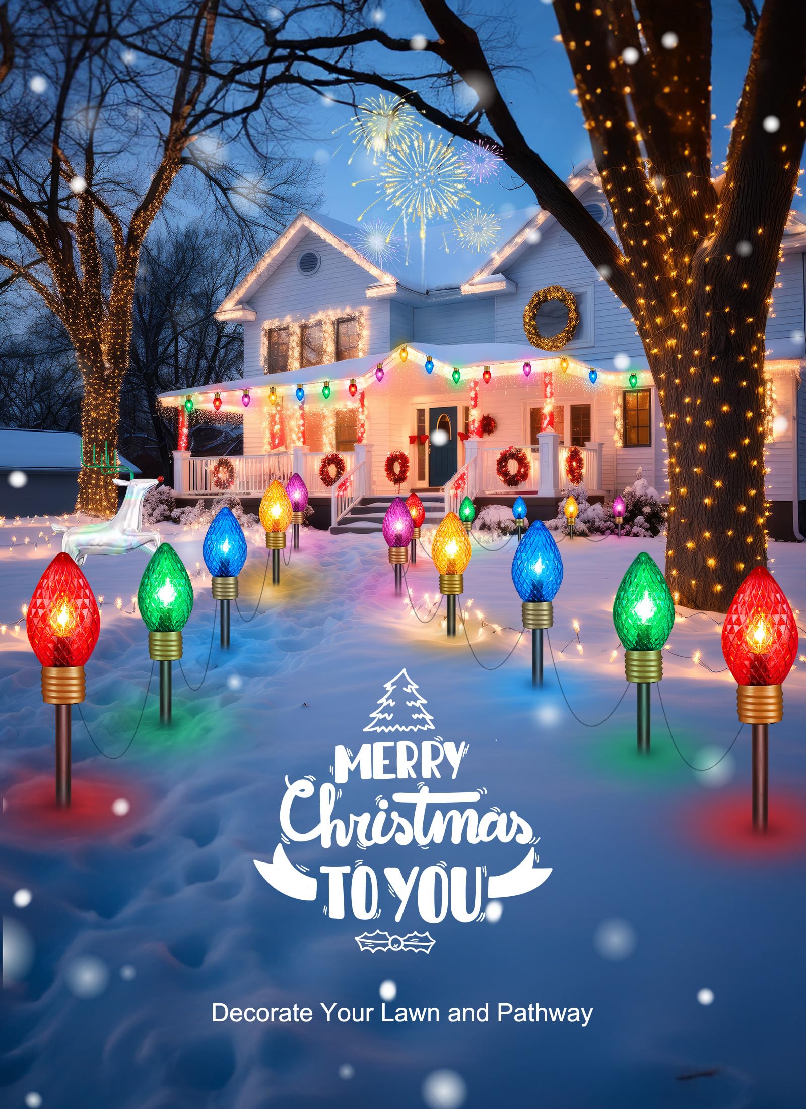 2 Pack Jumbo C9 Christmas Pathway Lights Outdoor - 10.5 Feet 5 Lights Strawberry C9 Walkway Lights, C7 Light Covered Jumbo Multicolor Light Bulb Outdoor Decorations for Lawn Garden Outside