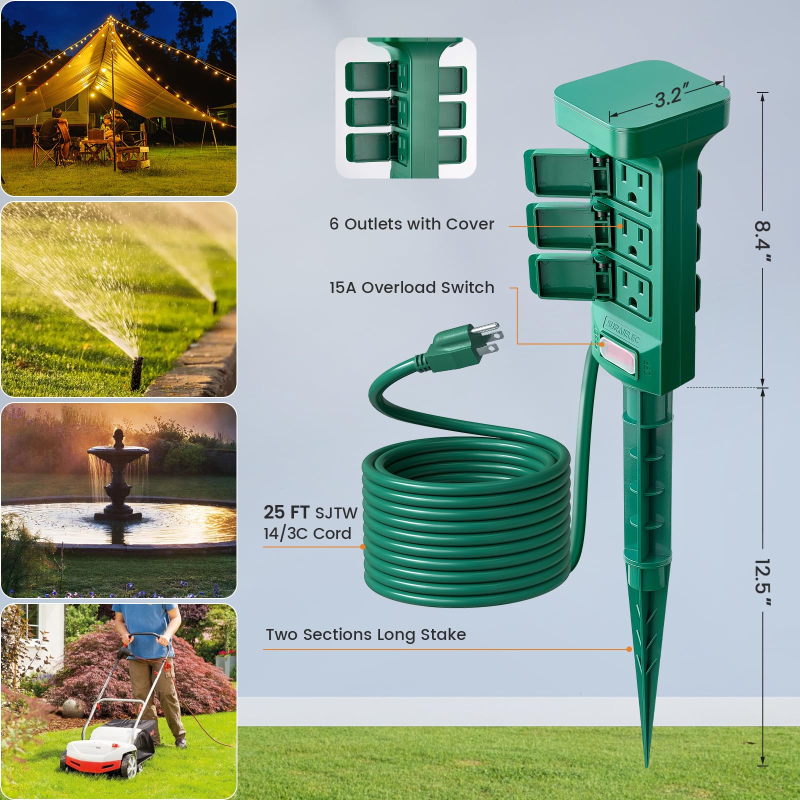SURAIELEC Outdoor Power Stake Waterproof, 6 Grounded Outlets Power Strip Weatherproof, 25FT Extension Cord Outlet for Yard, Garden, Christmas Light, Patio Lights, 1875W/15A, Green