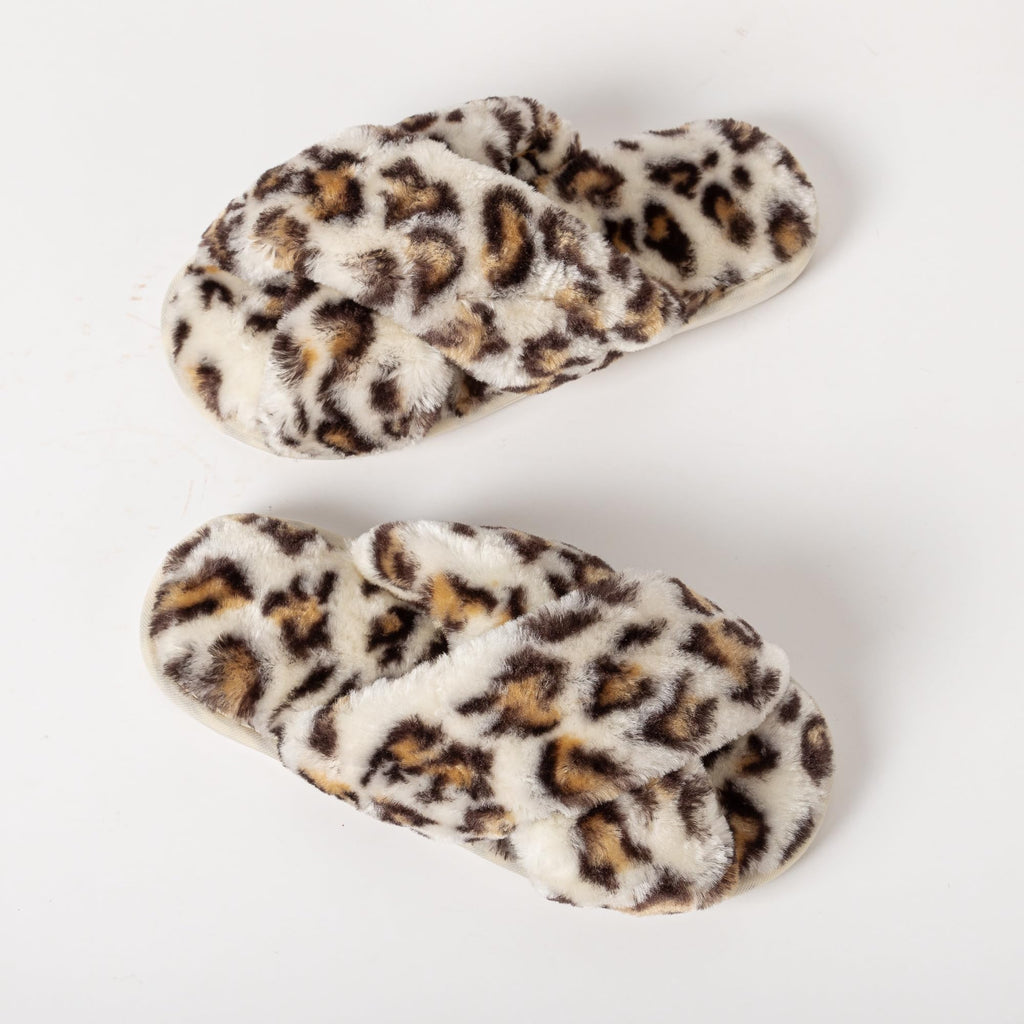 Enteer Women's Slipper Memory Foam Cross Band Fuzzy Slippers Open Toe Cozy House Slippers Cozy Plush Bedroom Indoor Outdoor Leopard US 7-8