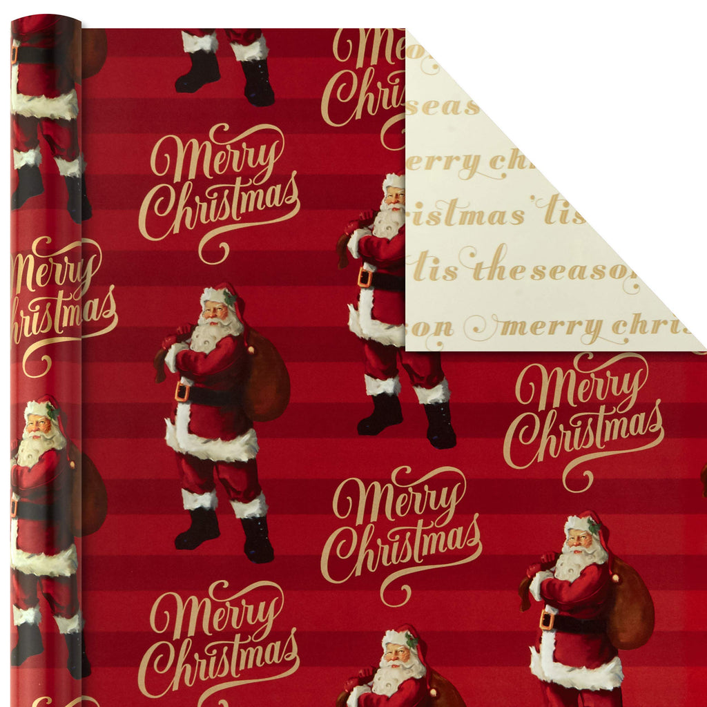 Hallmark Christmas Wrapping Paper Rolls - Traditional Holiday Gift Wrap Paper (Set of 3 Reversible Rolls: 120 sq. ft. ttl.) Red and Gold Snowflakes, Stripes, Plaid, Santa's Sleigh