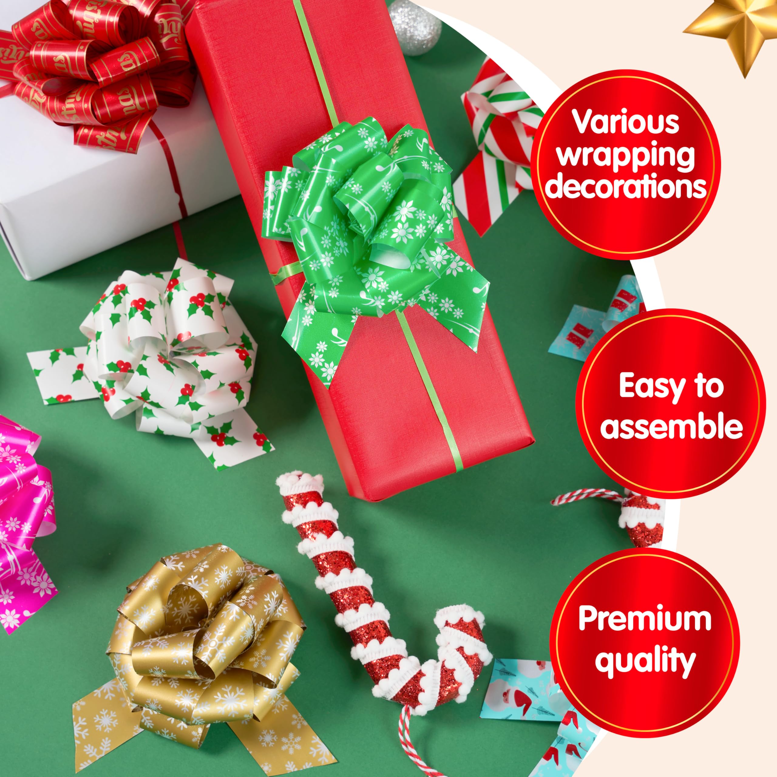 JOYIN 24 PCS Christmas Ribbon Pull Bow, 5" Gift Wrapping Pull Bow, Xmas Gift Accessory for Christmas Present Wrapping, Party Decorations, Boxing Day Decorations, Holiday Decor
