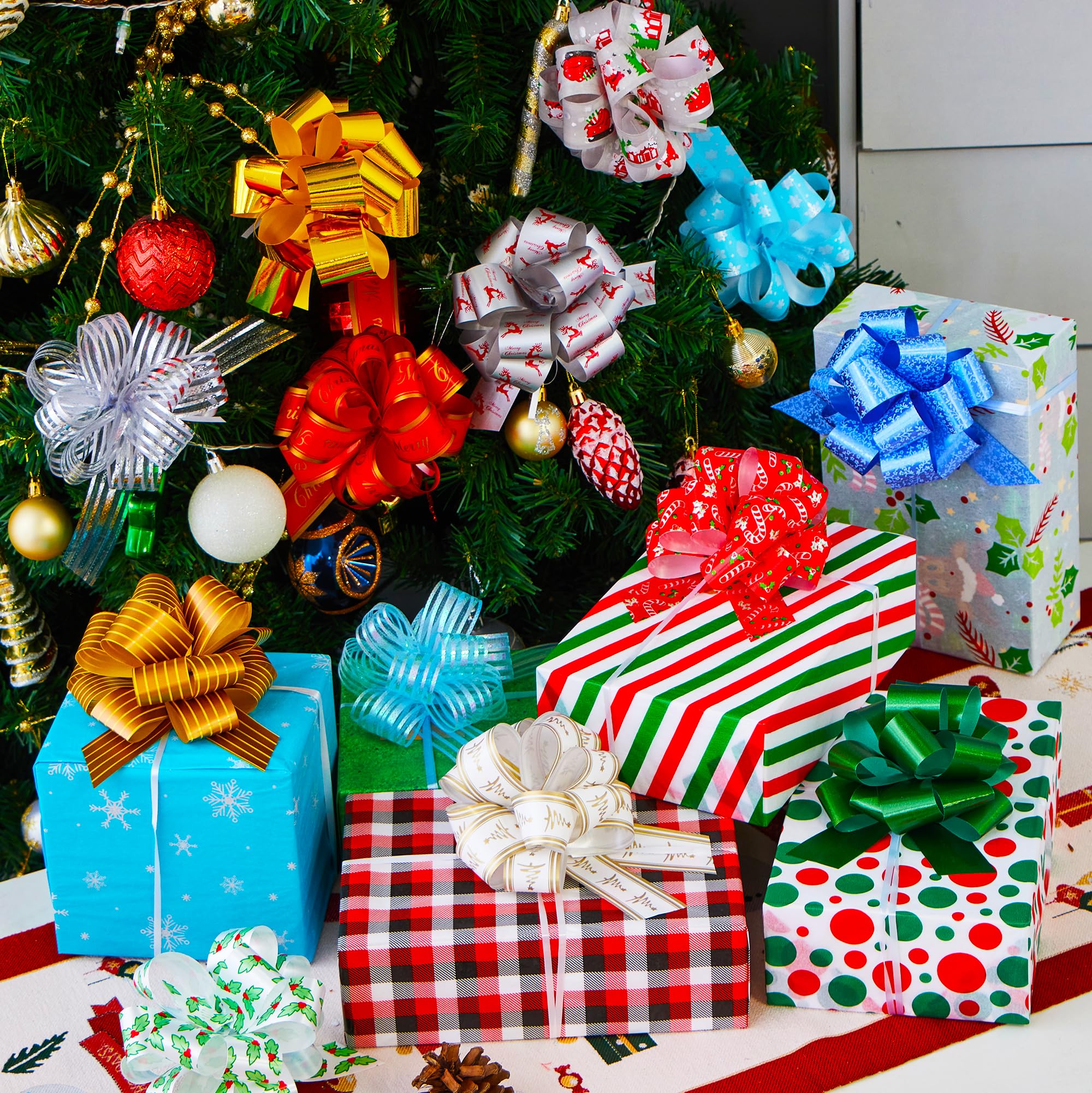 JOYIN 48 PCS Christmas Pull Bows with Ribbon 5” Wide for Gift Wrapping & Gift Tags, Boxing Day Decorations, Holiday Décor Present Wrapping