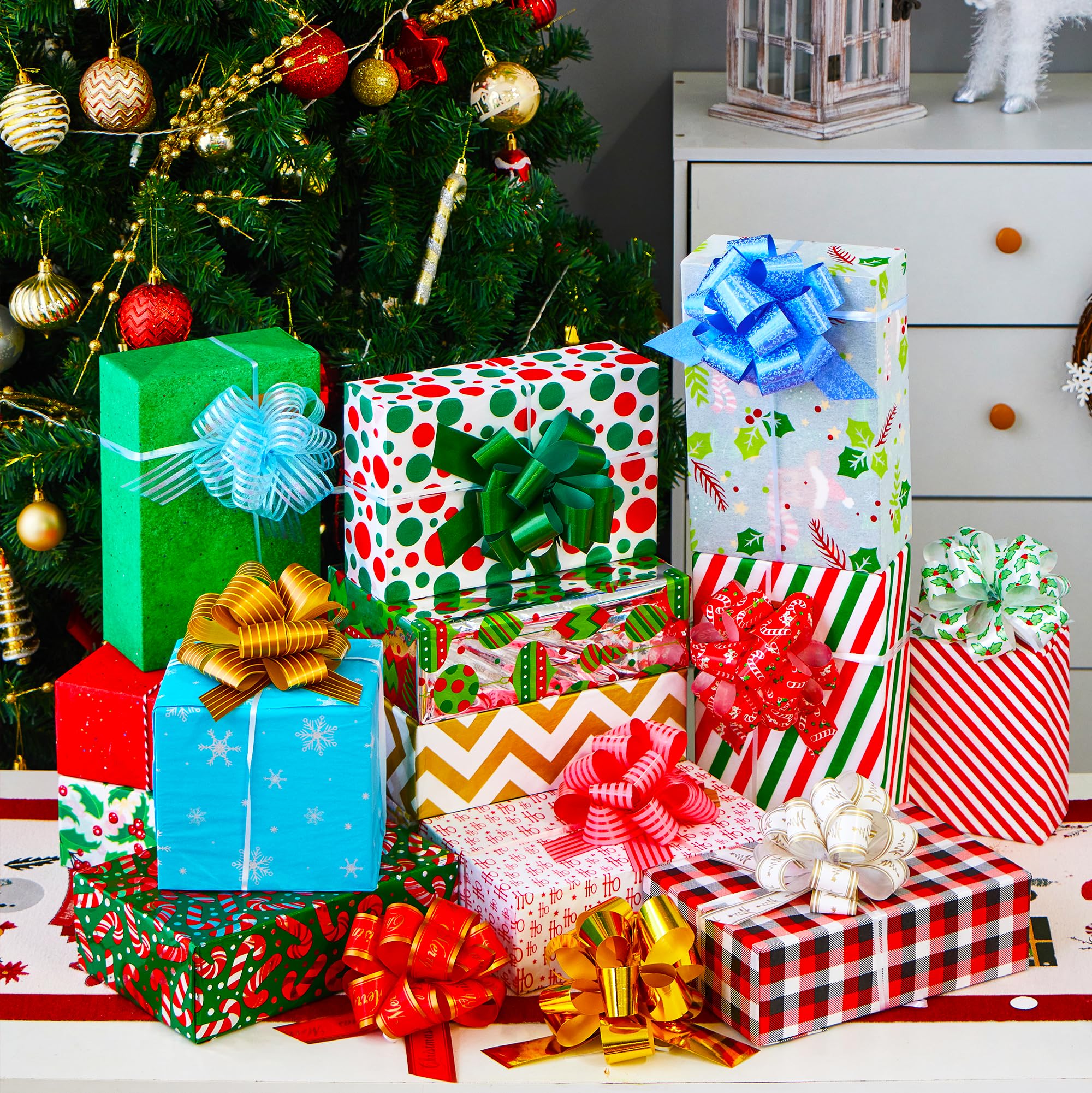 JOYIN 48 PCS Christmas Pull Bows with Ribbon 5” Wide for Gift Wrapping & Gift Tags, Boxing Day Decorations, Holiday Décor Present Wrapping