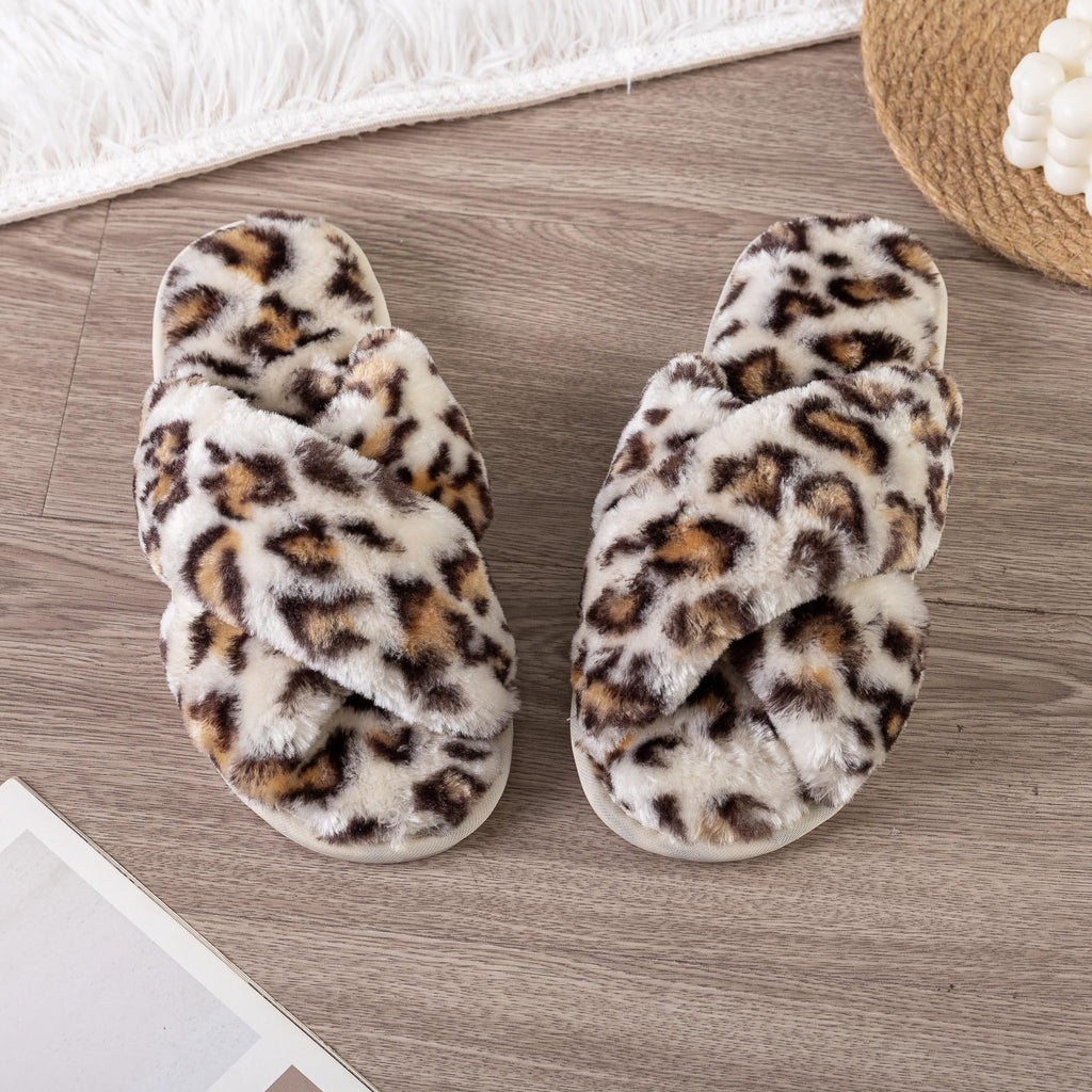 Enteer Women's Slipper Memory Foam Cross Band Fuzzy Slippers Open Toe Cozy House Slippers Cozy Plush Bedroom Indoor Outdoor Leopard US 7-8