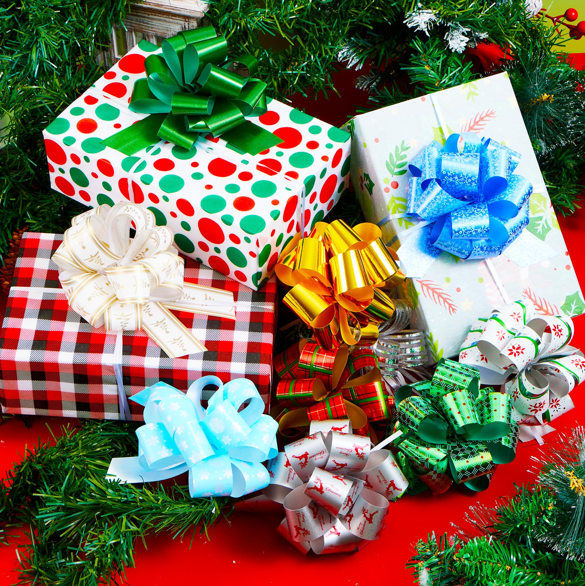JOYIN 48 PCS Christmas Pull Bows with Ribbon 5” Wide for Gift Wrapping & Gift Tags, Boxing Day Decorations, Holiday Décor Present Wrapping
