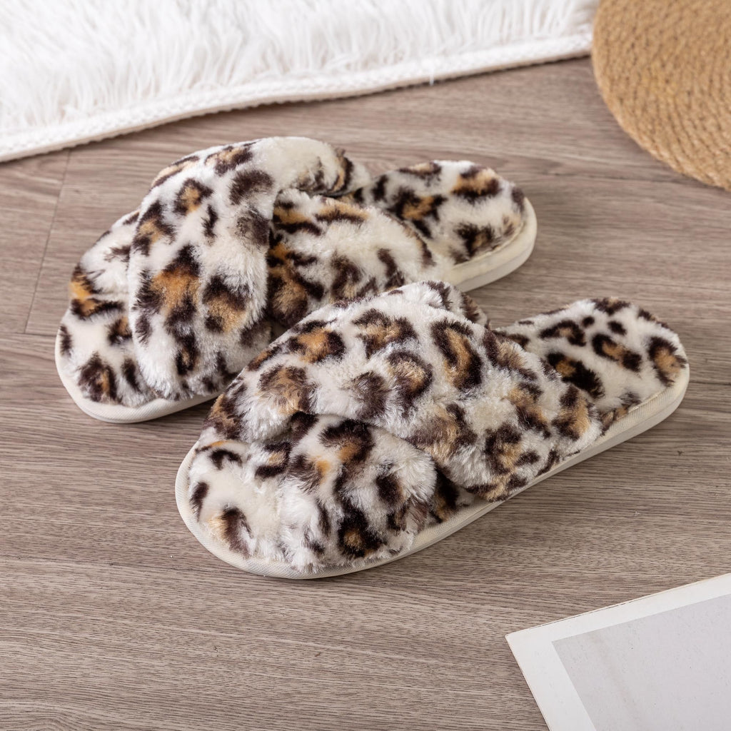 Enteer Women's Slipper Memory Foam Cross Band Fuzzy Slippers Open Toe Cozy House Slippers Cozy Plush Bedroom Indoor Outdoor Leopard US 7-8