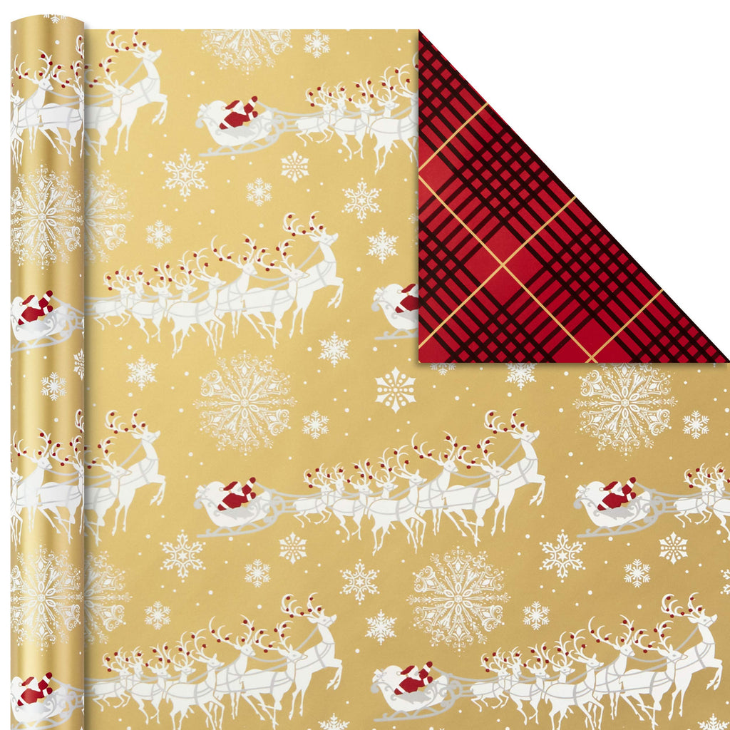 Hallmark Christmas Wrapping Paper Rolls - Traditional Holiday Gift Wrap Paper (Set of 3 Reversible Rolls: 120 sq. ft. ttl.) Red and Gold Snowflakes, Stripes, Plaid, Santa's Sleigh