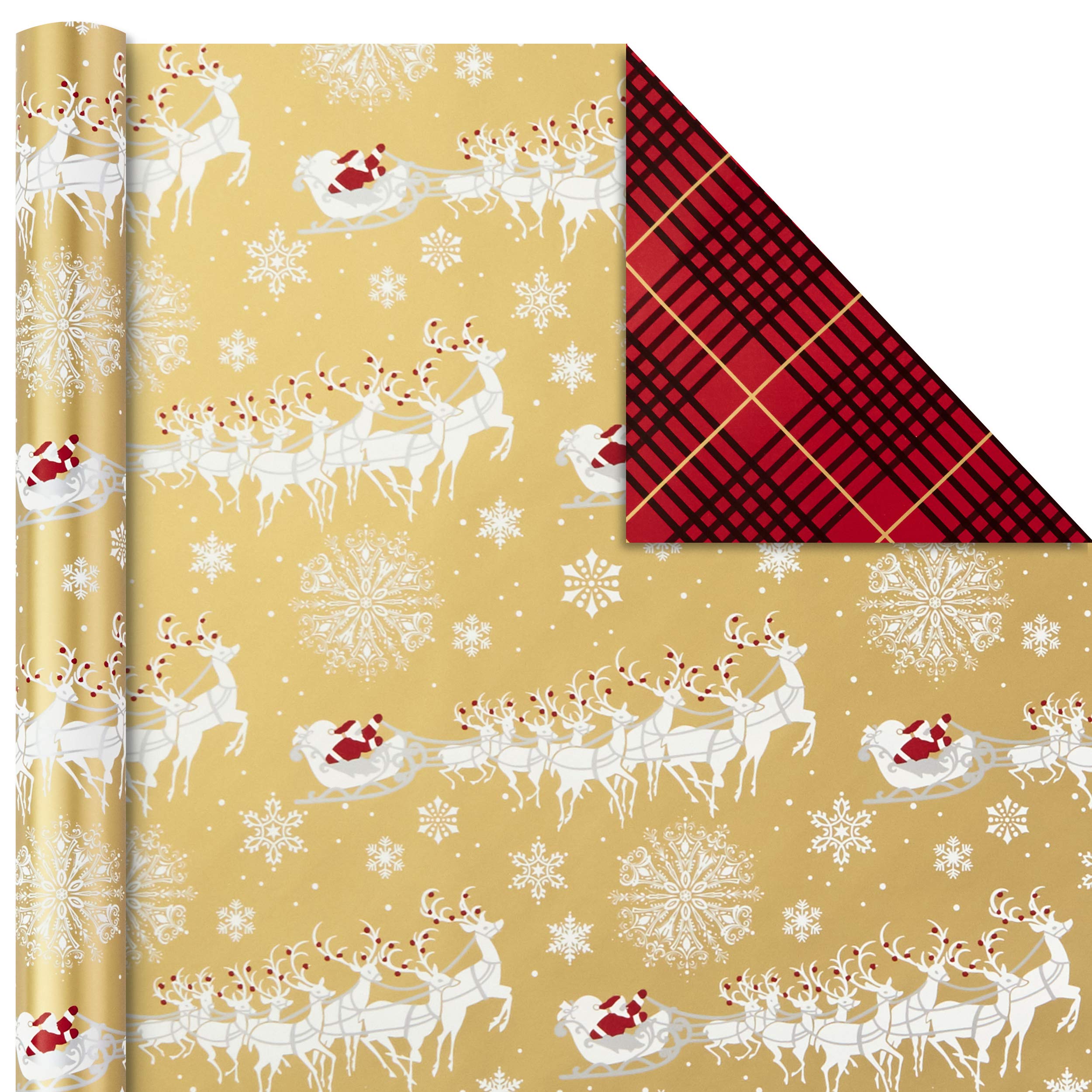 Hallmark Christmas Wrapping Paper Rolls - Traditional Holiday Gift Wrap Paper (Set of 3 Reversible Rolls: 120 sq. ft. ttl.) Red and Gold Snowflakes, Stripes, Plaid, Santa's Sleigh