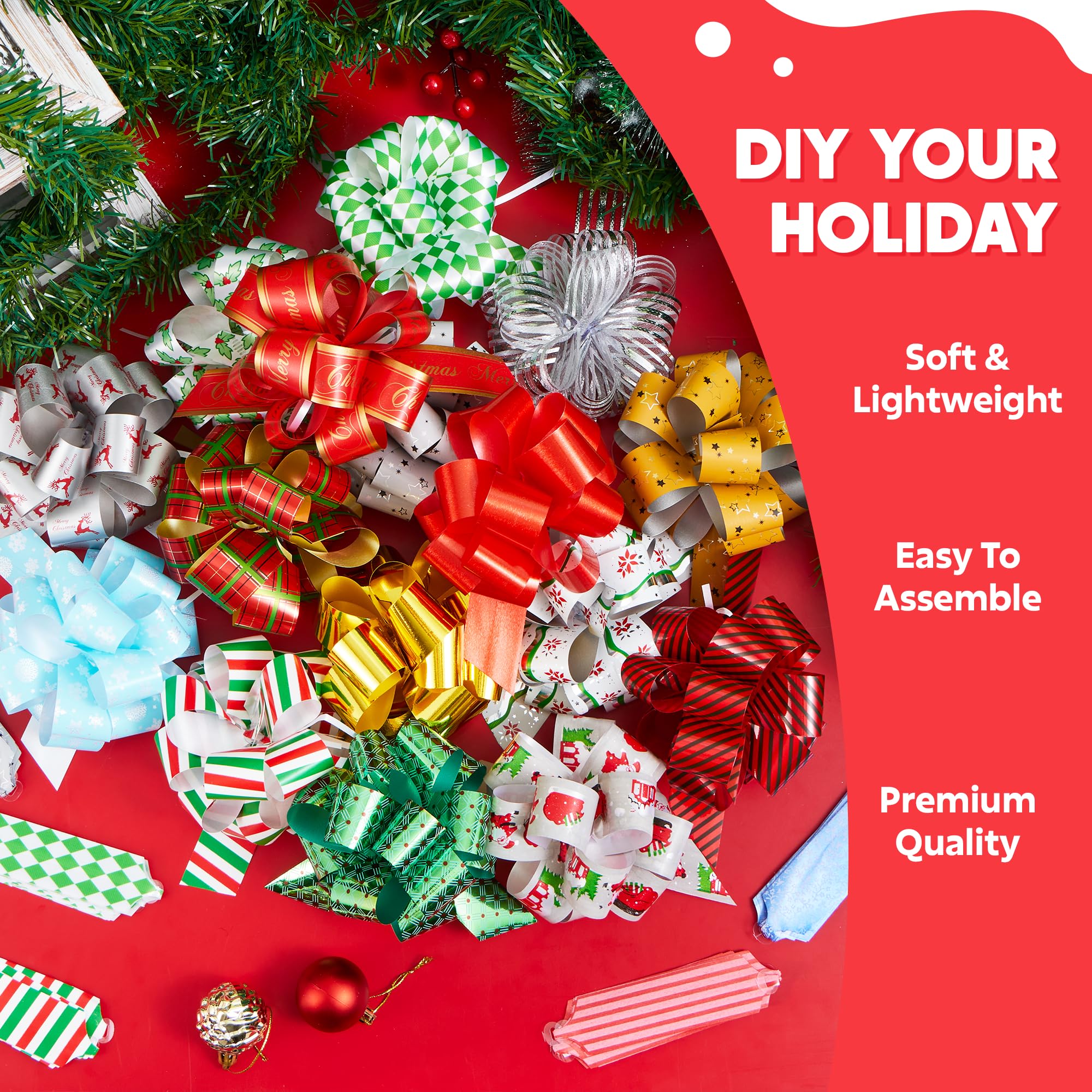 JOYIN 48 PCS Christmas Pull Bows with Ribbon 5” Wide for Gift Wrapping & Gift Tags, Boxing Day Decorations, Holiday Décor Present Wrapping