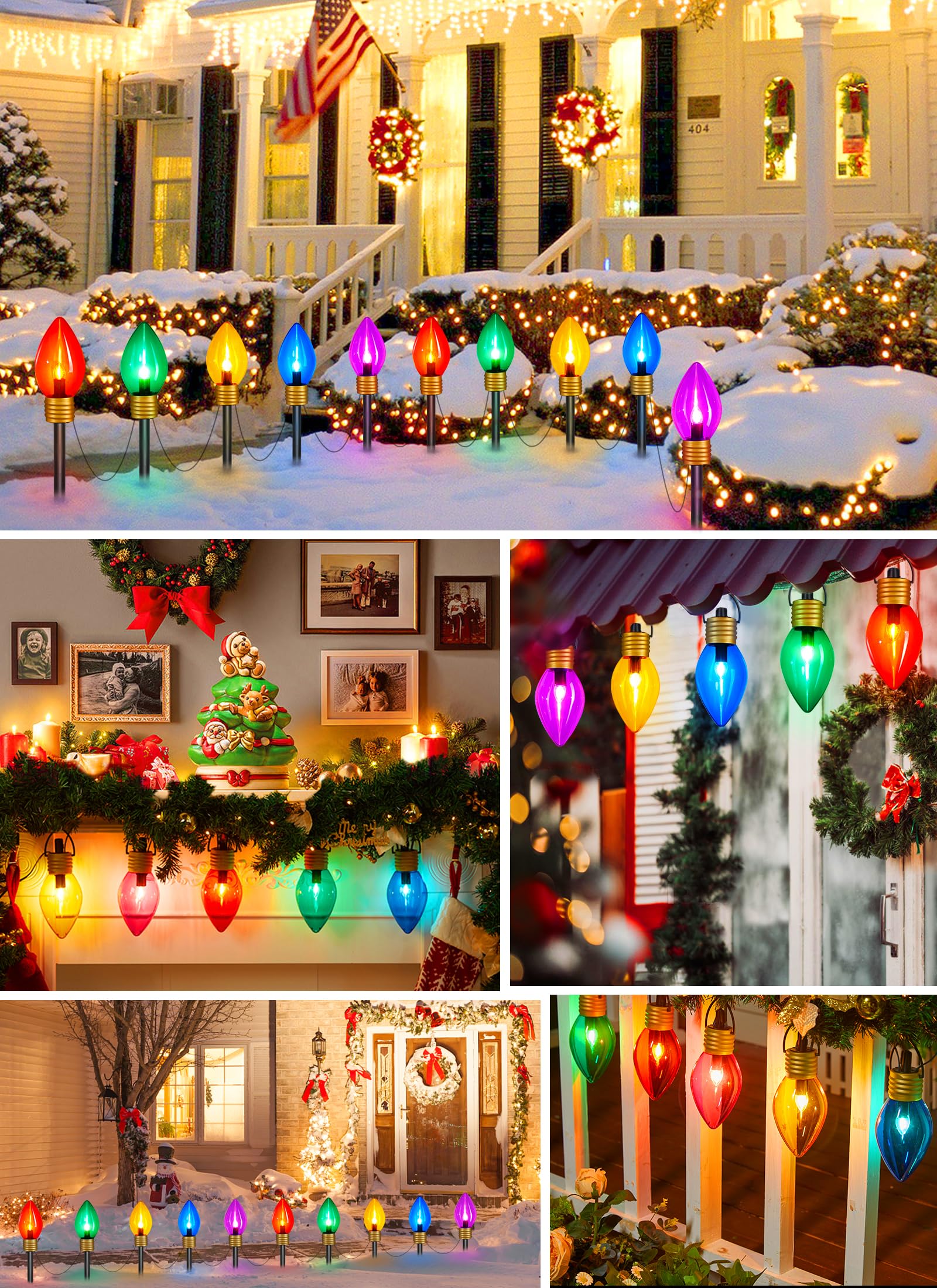 Jumbo C9 Christmas Pathway Lights Outdoor - 8.5 Feet 5 LED C9 Walkway Light, C7 Light Covered Jumbo Multicolor Bulb Christmas Lights Outdoor Decorations for Lawn Holiday Outside Yard Garden